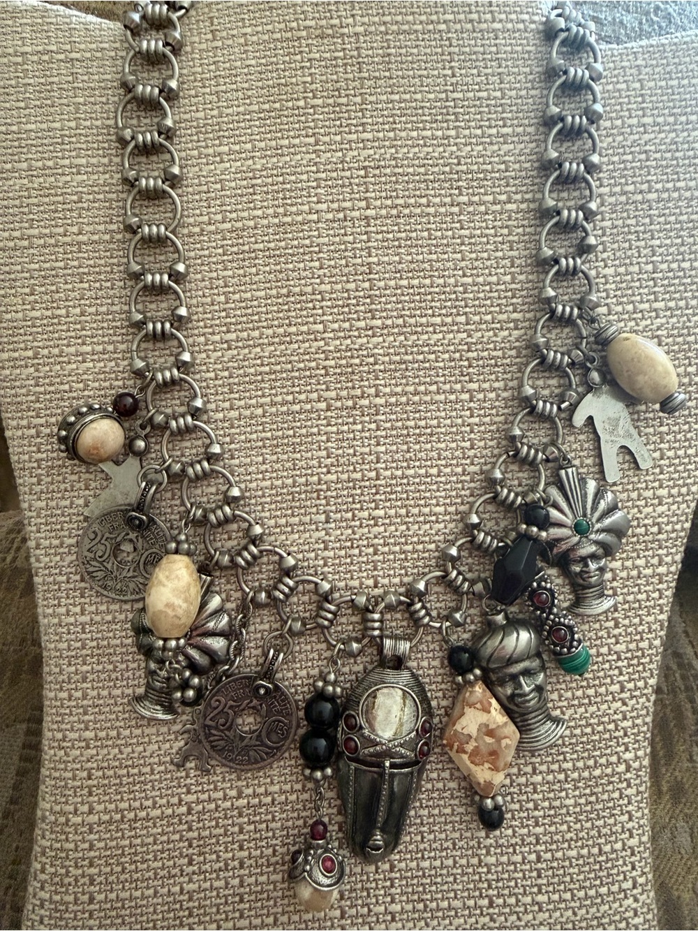 Bohemian Multi-Charm Silver Statement Necklace , Vintage, collectors piece!